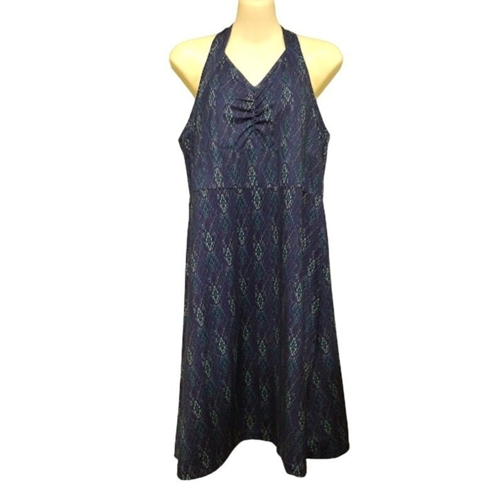 Merrell Opti-Wick Halter Dress Blue Geometric Ikat Print V-Neck Size‎ Large